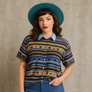 Vintage 90s New Look Striped Southwestern Shirt M Denim Collar Cotton